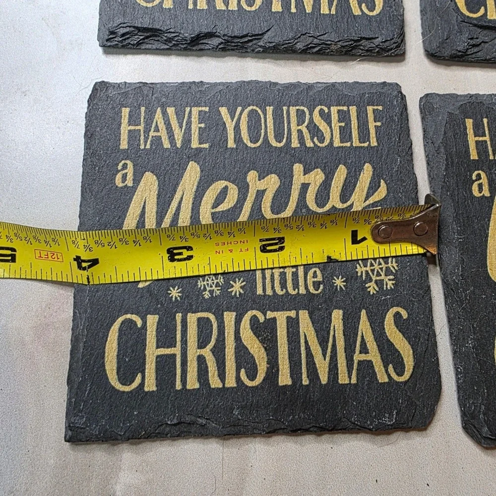 Merry Little Christmas Slate Coasters Set of 4 Black Gold Holiday Decor 4x4 G3
